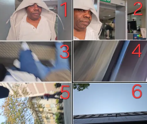 ▲陪同歐士綸出庭的父親明知不願受訪只須直接走掉，卻在走出台北地院門口時衝撞記者，導致手機向外飛出墜地，圖為拍攝遭中斷的連續畫面。（圖／記者劉松霖攝）