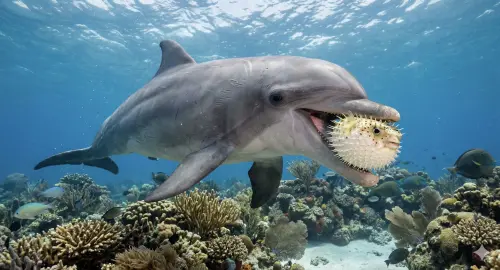 ▲海豚其實會刻意刺激河豚釋放毒素，產生類似迷幻、恍惚的效果，甚至還能精準控制攝取量。（圖／AI製圖、記者賴禹妡製）