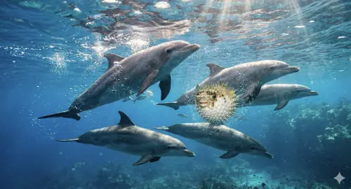 ▲海豚在海中會抓住河豚給予刺激，藉此來得到快感，甚至還會開趴「Pass」給同伴一起享樂。（圖／AI製圖、記者賴禹妡製）