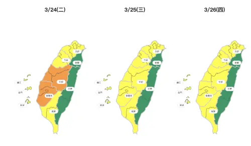 ▲今天環境風場為東南風，背風面的西半部包括「台中至台南」空氣品質亮起橘燈。（圖／環境部提供）