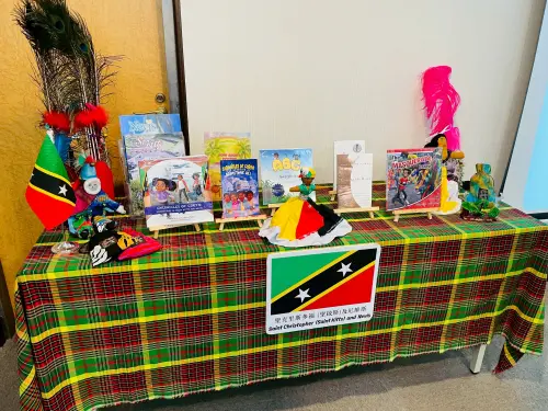 ▲聖克里斯多福及尼維斯大使館展示這次捐贈書籍。（圖／南市府提供）