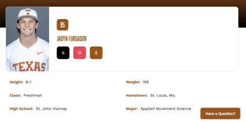 ▲隨著前2位與台灣有棒球連接的球員被爆出後，網路上也謠傳第3位德州大學的Jadyn Furgason同樣具有台灣血統，但資格目前仍未獲認證。（圖／德州大學官網）