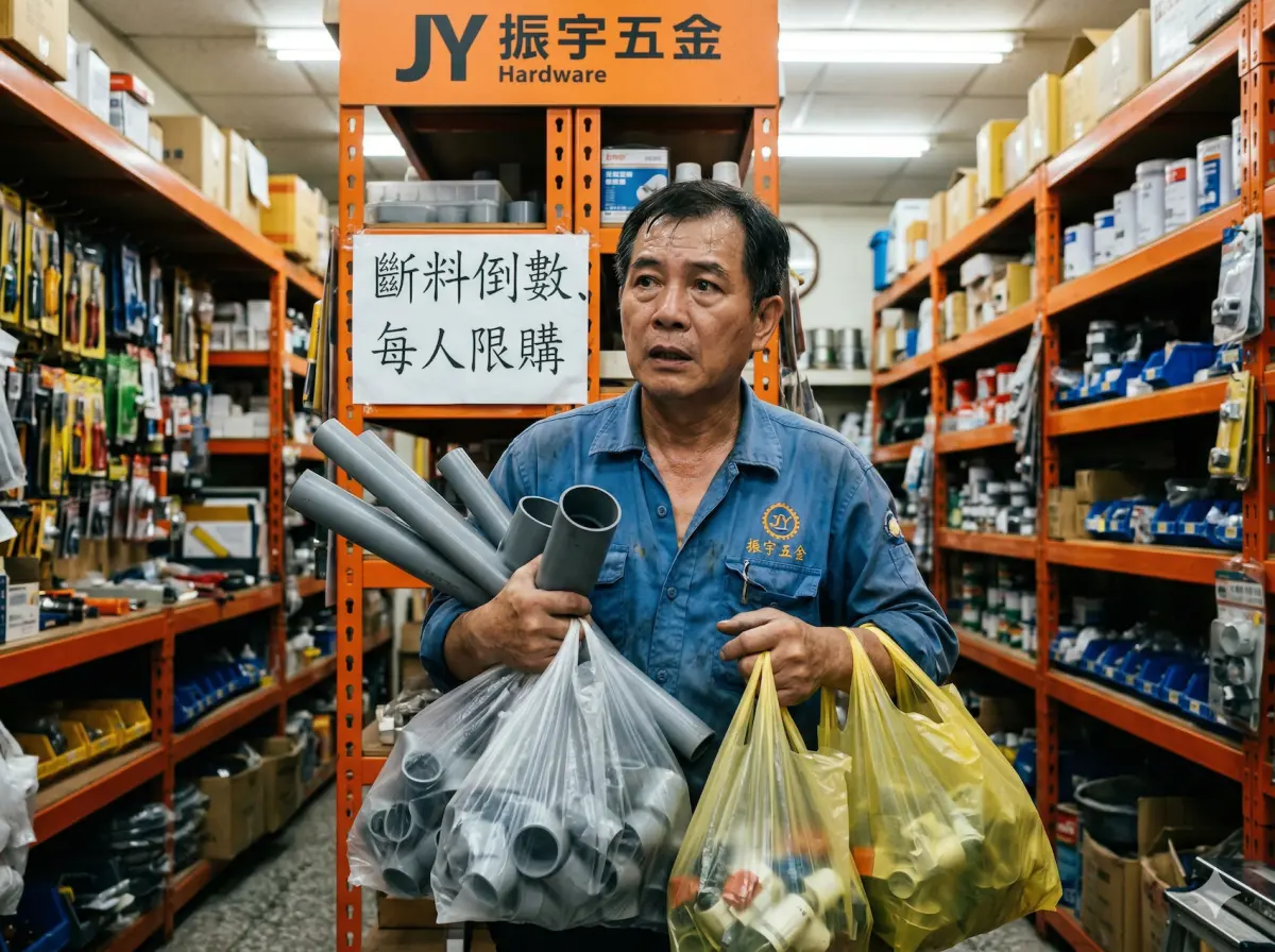 ▲台化斷料倒數計時！全台振宇五金門市爆發塑膠袋與 PVC 水管「掃貨潮」，民眾焦慮搶購囤貨，擔憂成本飆漲 3 成。（示意圖／Gemini 生成／NOWNEWS 監製）