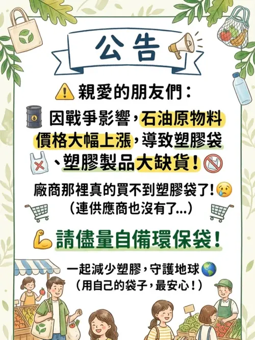 ▲台中蔥油餅店煎佐麻里蔥油餅中區總店也發出公告，坦言現在塑膠袋是有錢也買不到的情況，呼籲顧客自備環保袋。（圖／Threads＠fy_dandan）