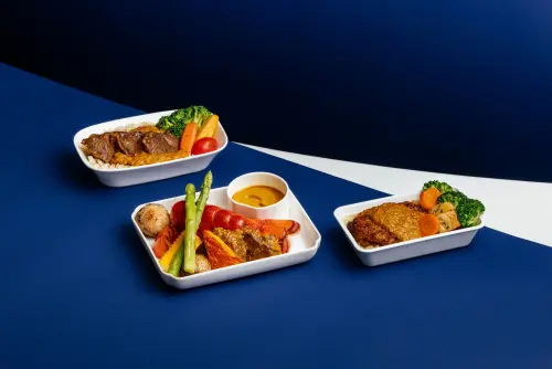 ▲T+T推出豪華商務艙「波士頓龍蝦慢燉和牛頰佐黃咖哩醬汁」、豪華經濟艙「仁當慢煮和牛頰與雞油飯」與經濟艙「仁當燴雞飯」。（圖／華航提供）