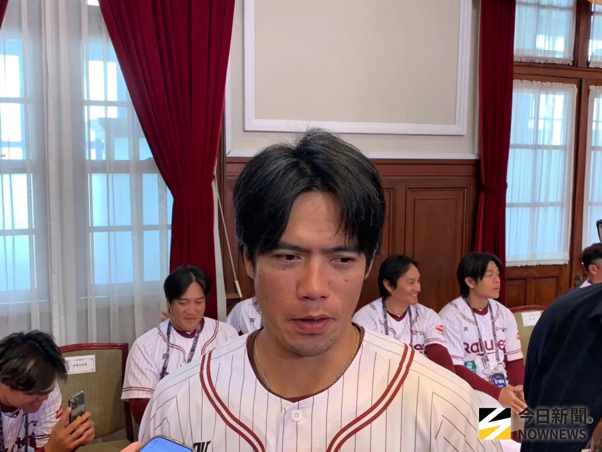 ▲樂天桃猿老將林智平今日隨隊接受總統賴清德接見，他笑說沒想到會被點名，「抱歉總統，讓你不爽了。」（圖／記者陳柏翰攝,2026.3.26）