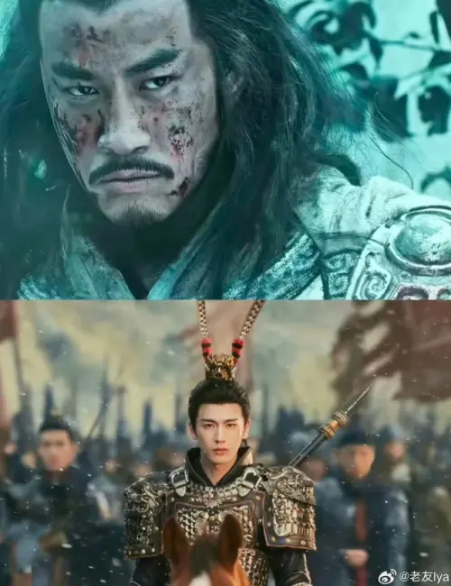 ▲張凌赫的武安侯扮相（下）被拿來跟何潤東的項羽（上）做對比，引發熱烈討論。（圖／微博＠老友lya）