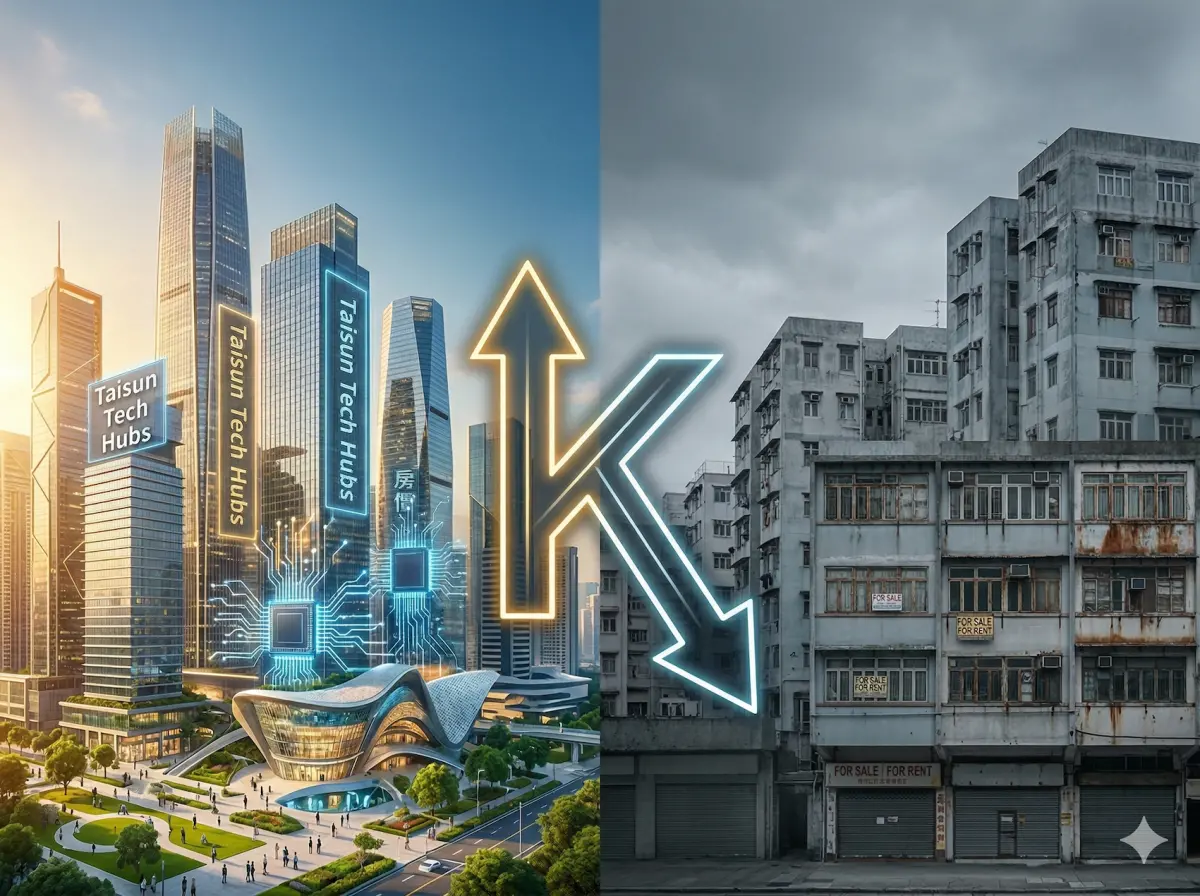 ▲房產專家李同榮警示，「K型分化」已是2026房市不可逆的趨勢，獲得科技產業加持的精華區（圖左）將強者恆強，而缺乏動能的老舊區域（圖右）命運將截然不同，「量縮價漲」的怪象正考驗購屋族的精準判斷力。（示意圖／Gemini生成／NOWNEWS監製）