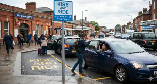 ▲「Kiss and Ride」源自英國文化，原意帶有情侶道別時「親一下就走」的畫面，用輕鬆幽默的方式提醒民眾不要久留。（圖／AI製圖、記者賴禹妡製）