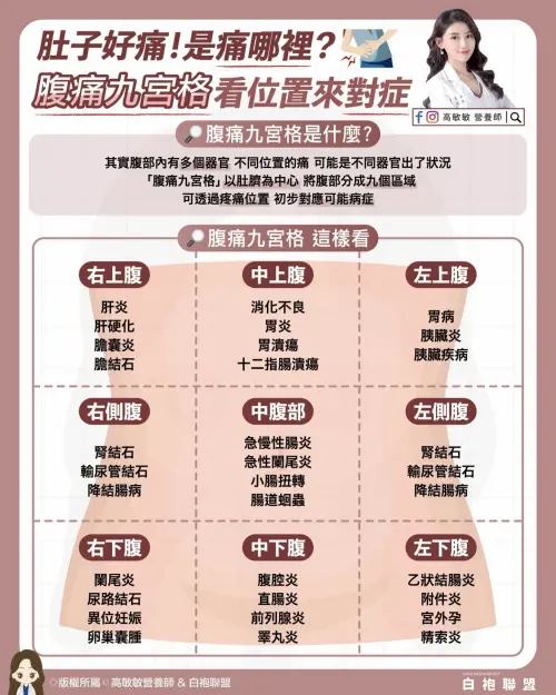 ▲營養師提供「腹痛九宮格」，透過不同的疼痛位置來初步辨識可能原因。（圖／翻攝高敏敏營養師粉專）