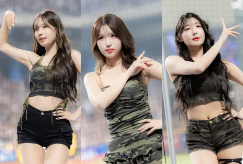 ▲樂天女孩韓籍成員換上迷彩服帥氣登場，讓球迷驚喜連連。左起金佳垠、廉世彬、高佳彬。（圖／樂天桃猿提供）