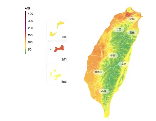 ▲受到東南風影響、中國沿海污染物濃度上升和境外污染物移入，台灣今天的空氣品質極差。（圖／環境部提供）