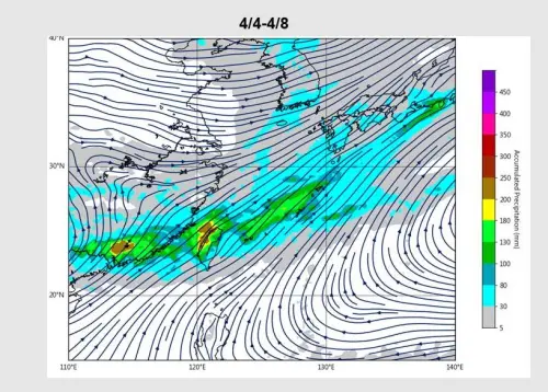 ▲西南風和東北風在台灣上空交會，形成容易降雨的鋒面，在清明連假帶來影響。（圖／賈新興提供）