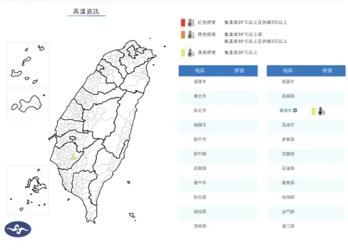 ▲中央氣象署今（30）日發布2026年首次「高溫資訊」，台南市為黃色燈號，要注意36度以上的氣溫。（圖／中央氣象署cwa.gov.tw）