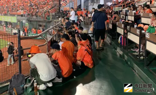 ▲為了捕捉啦啦隊女孩賽前的舞蹈表演，舊台南球場常看到球迷佔據在本壘走道，直接坐下拍照，卻不見工作人員勸導。（圖／記者陳柏翰攝）
