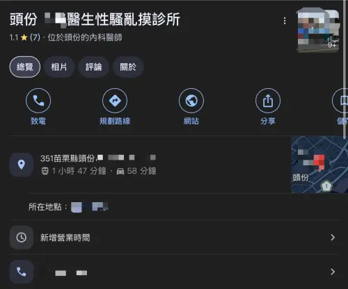 ▲事件曝光後，該診所的Google商家名稱被網友改為「頭份○○醫生性騷亂摸診所」。（圖／翻攝Google）