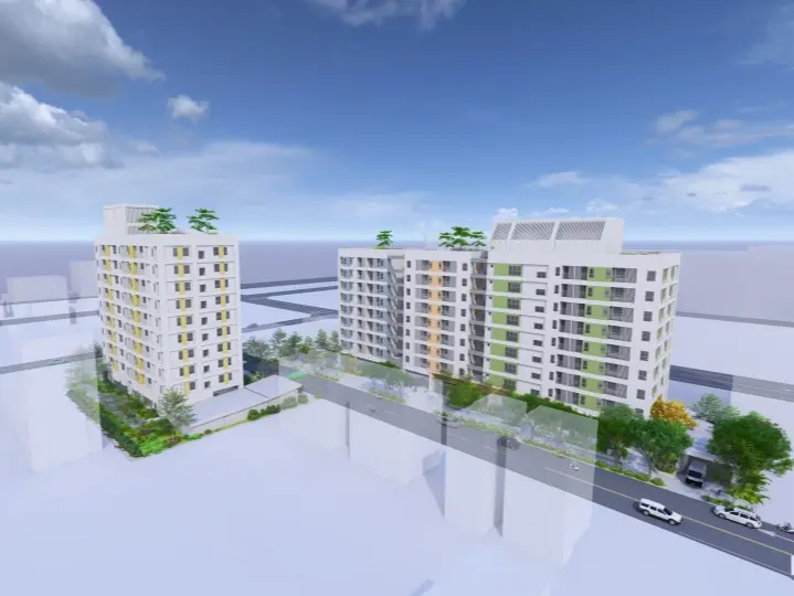 ▲石平好室AB 完工模擬圖 。本案選址台中水湳核心地段，規畫 241 戶居住單元，並設置店鋪與日照中心，預計 2028 年竣工 。（圖／國家住都中心提供）