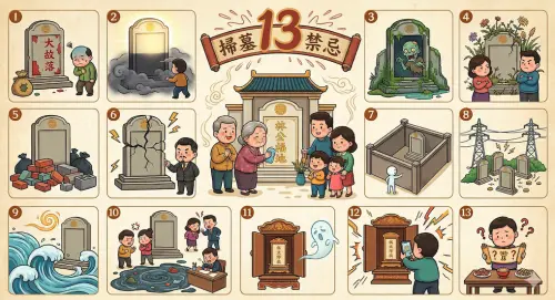 ▲針對土葬或納骨塔位，高宏寓整理出13大禁忌，如墓前汙水囤積易影響姻緣、高壓電塔橫跨恐損精神、墳墓環牆則易招官司。（圖／AI製圖、記者賴禹妡製）