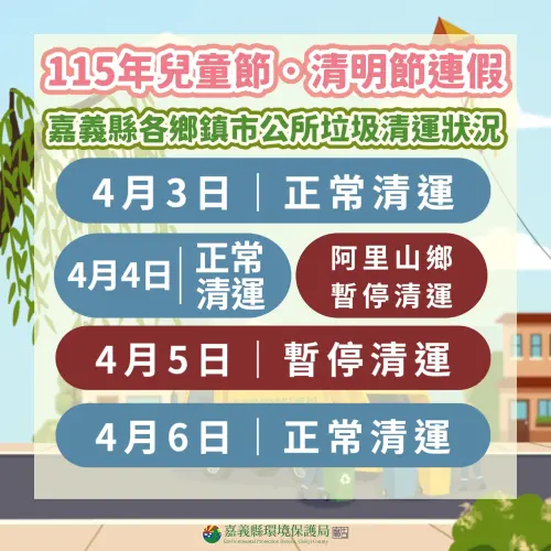 ▲嘉義縣環保局公告清明連假清運時程，4 月 5 日全縣暫停收運；4 月 4 日除「阿里山鄉」暫停外，其餘鄉鎮市皆維持正常清運。（圖／嘉義縣環保局提供）