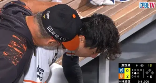 ▲統一獅投手郭俊麟今日對富邦悍將繳出5局無失分的表現，退場時被轉播鏡頭捕捉到落淚，投手教練霍斯曼安撫情緒。（圖／截圖自CPBL TV）