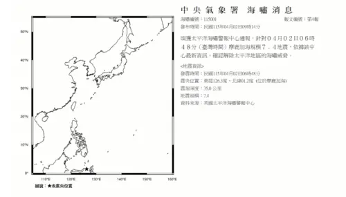 ▲中央氣象署針對印尼7.4強震發布「海嘯資訊」，上午9時左右，確認解除太平洋地區的海嘯威脅。（圖／中央氣象署）