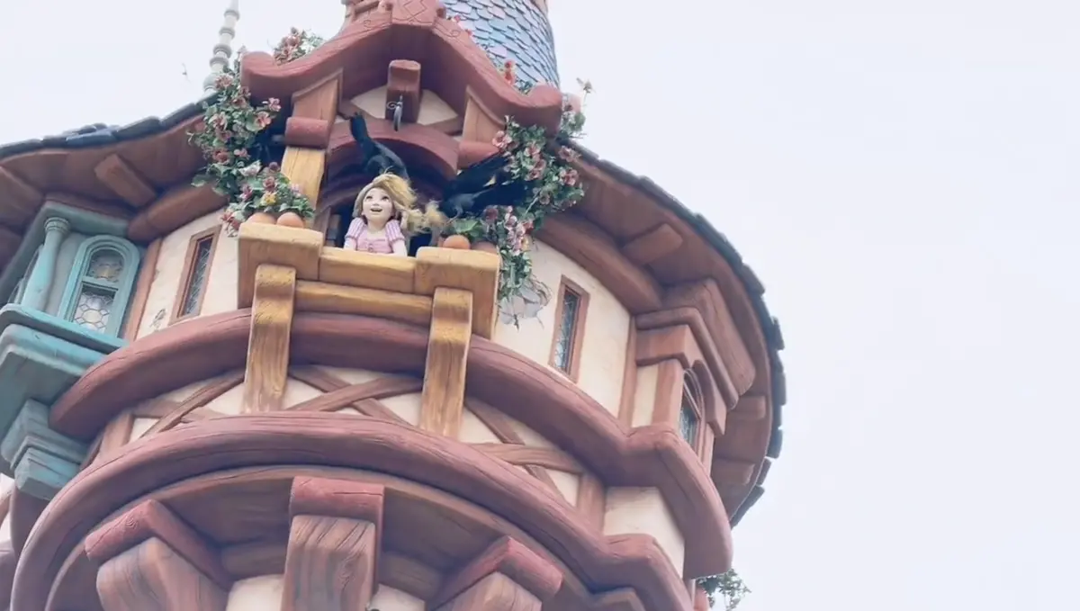 ▲東京迪士尼海洋園區內的《魔髮奇緣》女主角樂佩慘遭烏鴉「洗劫」，長髮被烏鴉扯下。（圖／擷取自X@ssj5m2）