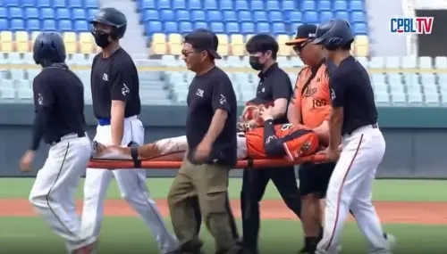 ▲統一獅林佳緯二軍滑壘時意外受傷，直接被擔架抬出場。（圖／取自CPBLTV）