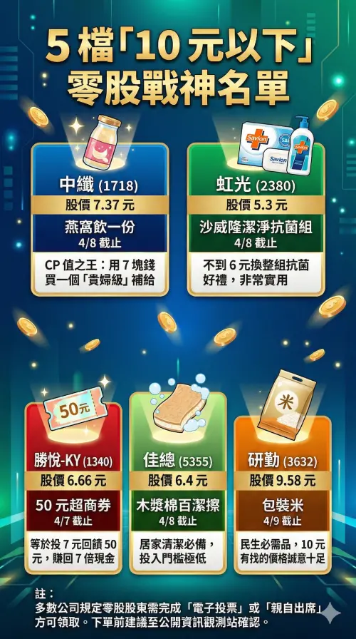 ▲2026 股東紀念品「小資戰神」出爐！下週 4 月 7 日至 9 日迎來最後買進日，包含中纖（1718）約 7 元換燕窩飲、虹光（2380）約 5 元換沙威隆組，5 檔「銅板價」標的成為零股族必爭之地。（圖／Gemini製圖／NOWNEWS監製）