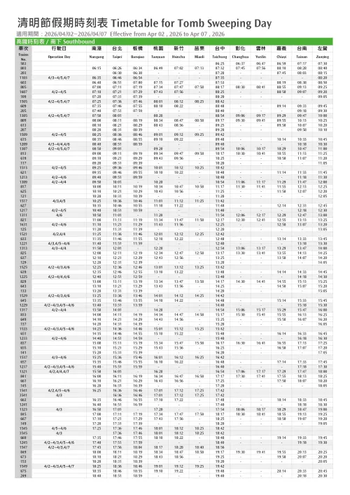 ▲▼2026清明連假高鐵南下加開班次時刻表。（圖／台灣高鐵提供thsrc.com.tw）