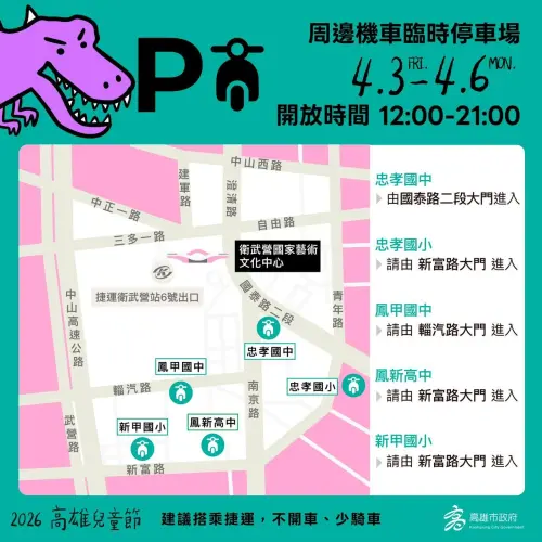 ▲高雄市衛武營「恐龍酷樂園」交通資訊-機車停車場（圖／高雄市教育局提供）