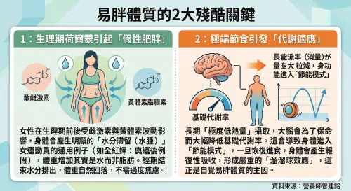 ▲為什麼我連喝水都會胖？ 營養師揭開「易胖體質」的 2 大殘酷真相（圖）。生理期的水分滯留與長期節食導致的「代謝適應」，才是體重反彈的元兇，盲目節食反而會讓身體進入省電模式。（圖／Gemini製圖／NOWNEWS監製）