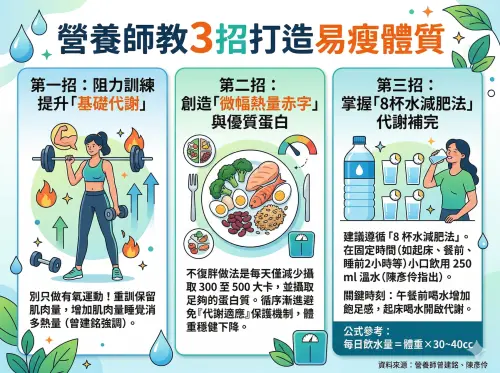 ▲別再瞎減肥！營養師教你打造「易瘦體質」3 大絕招。綜合曾建銘與陳彥伶兩位營養師建議，透過重訓、正確喝水與微熱量赤字，才是告別易胖體質的關鍵。（圖／Gemini製圖／NOWNEWS監製）