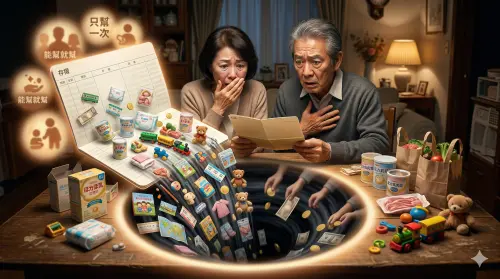 ▲日常小額累積竟成恐怖錢坑！ 一對日、台 6 旬夫妻在家中餐桌前，看著存摺上的低餘額露出驚愕哭泣與絕望的表情（圖）。原本擁有 780 萬存款，卻因「幫顧孫子」無底洞式的奶粉、尿布、玩具、交通雜支，都在「只幫一次、只是暫時」的心理下，悄悄耗盡養老金。（示意圖／Gemini製作/NOWNEWS監製）
