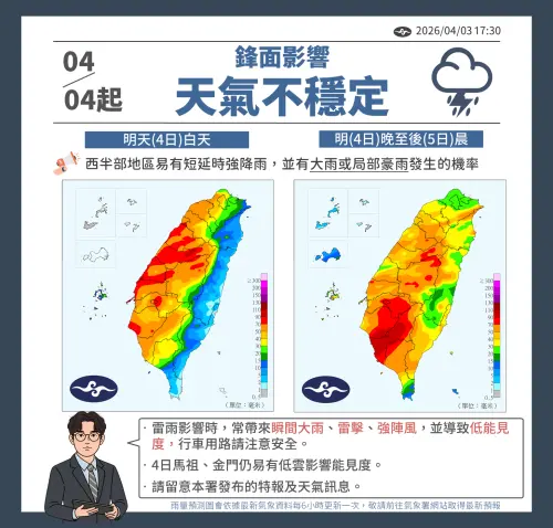 ▲明日台南以北整個西半部有陣雨或雷雨，易有短延時強降雨，雨量預測紫紅一片。（圖／中央氣象署）