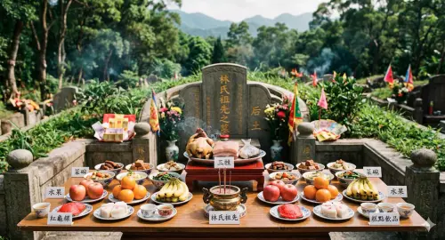 ▲掃墓供桌擺放遵循由內而外、對稱整齊原則，重點在於表達對祖先的尊重與慎終追遠的心意。（圖／AI製圖、記者賴禹妡製）