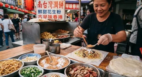 ▲台灣南北潤餅差異明顯，北部以水煮蔬菜搭配紅糟肉為主，口感清爽濕潤；南部則偏好乾炒餡料並加入油麵，口味甜香且更有飽足感。（圖／Gemini製圖、記者賴禹妡製）