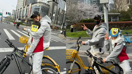 ▲黃曉明帶9歲兒子Max騎自行車在馬路拍照，違反交通法規。（圖／黃曉明微博）