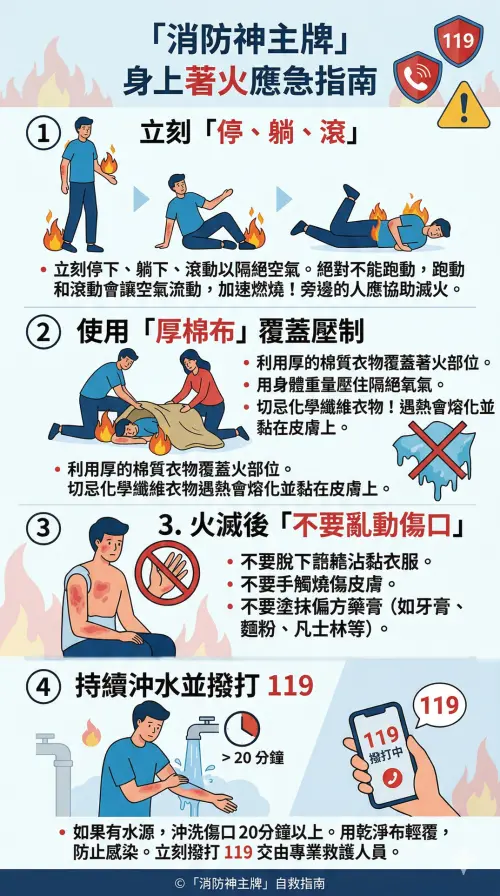 ▲遇到火燒身情況怎麼辦？消防粉專曝正確危機處理方式。（圖／Gemin生成，消防神主牌）