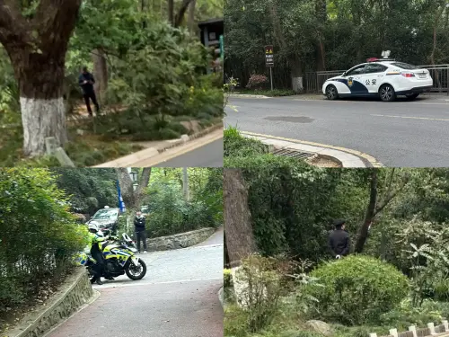 國民黨主席鄭麗文入住南京東郊國賓館，現場戒備森嚴，公安、便衣人員密集巡邏。（圖／記者陳韻年攝）