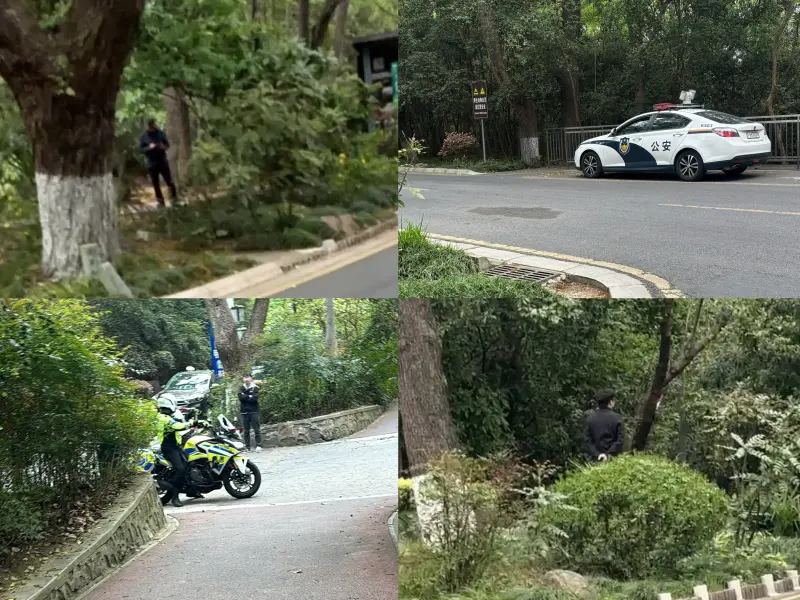    國民黨主席鄭麗文入住南京東郊國賓館，現場戒備森嚴，公安、便衣人員密集巡邏。（圖／記者陳韻年攝）  