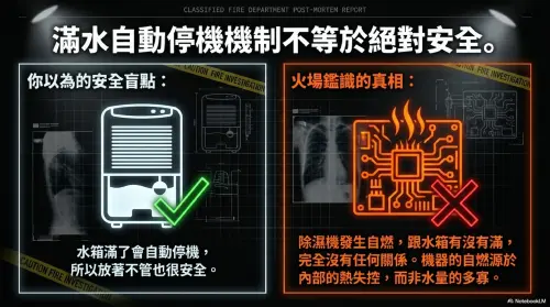 ▲很多人使用除濕機不管出門、睡覺都會開著就走，以為滿水自動停機很安全，但實際上除濕機會自燃跟滿水完全沒有關係。（圖/消防神主牌臉書）