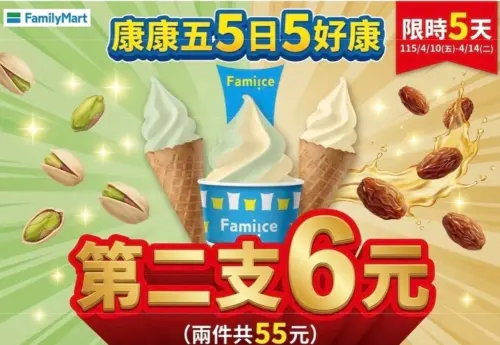 ▲全家5日5好康有霜淇淋第二支6元優惠，還有酷繽沙買一送一。（圖／全家提供）