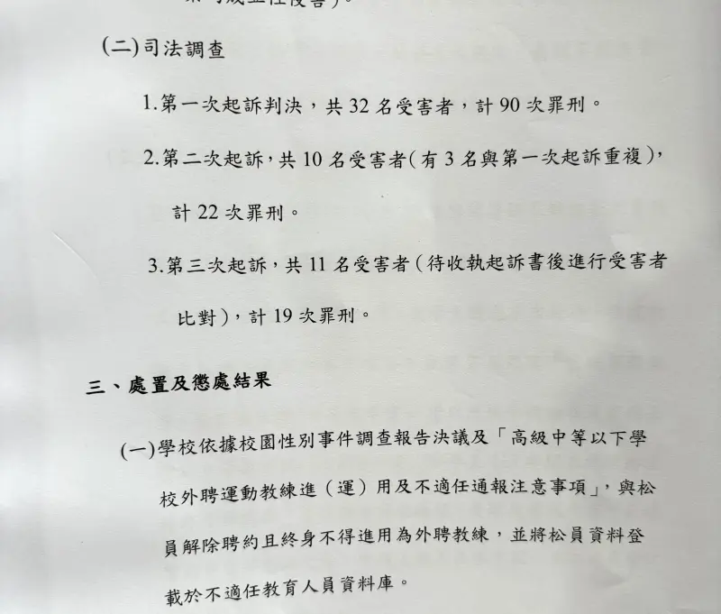   ▲根據台中市教育局書面調查報告，檢方3次起訴的被害人數是50人，且未完全扣除重覆的部分。（圖／台中市政府提供，2026.04.08）  