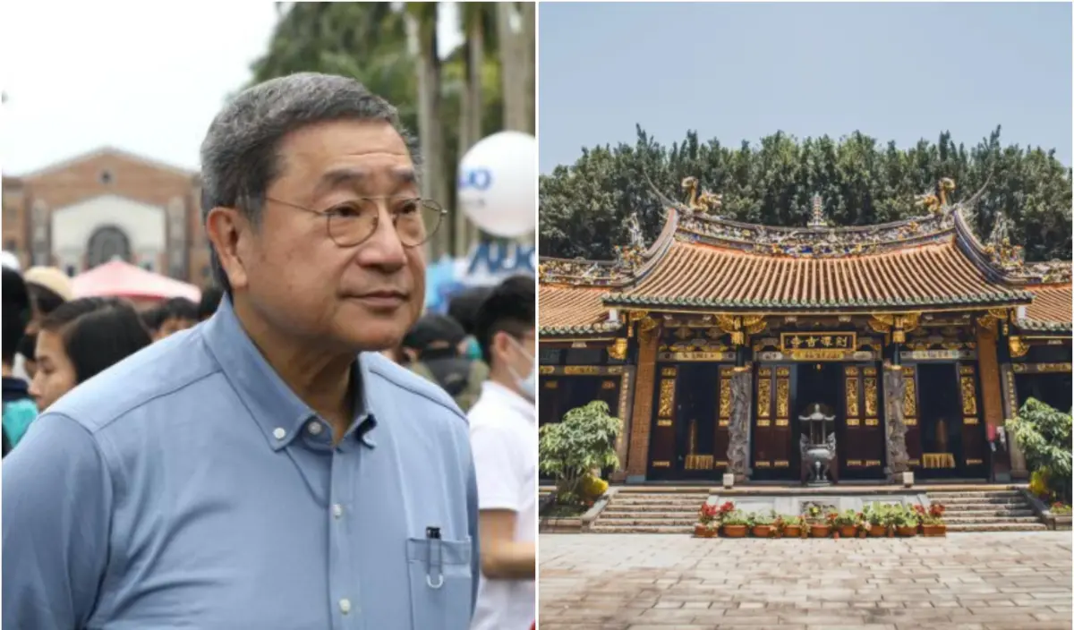 ▲台泥董事長張安平（左）身兼劍潭古寺（右）的廟董，但廟方因佔用國有地挨告，一、二審均判賠120萬元。（圖／記者陳明中攝、翻攝臉書）