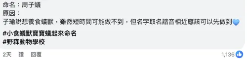 ▲TWICE粉絲發揮創意，為食蟻獸寶寶取名「周子蟻」。（圖／臉書＠野森動物學校）