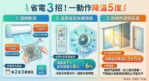 ▲夏季省電金律！本刊特別整理台電、大金空調與特力屋專家聯手推薦的「冷氣省電三招」懶人包圖卡。落實濾網勤洗與溫度設定，溫度每調高 1 度，就能省下 6% 的空調電力。（圖／Gemini製圖／NOWNEWS監製）