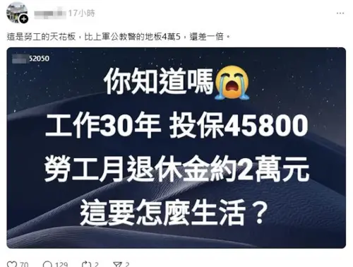 ▲社群瘋傳「勞工退休金僅 2 萬」截圖，引發焦慮；但專家直指該數據「只給一半」，完全忽略了第二層勞退專戶。（圖／翻攝自網路）