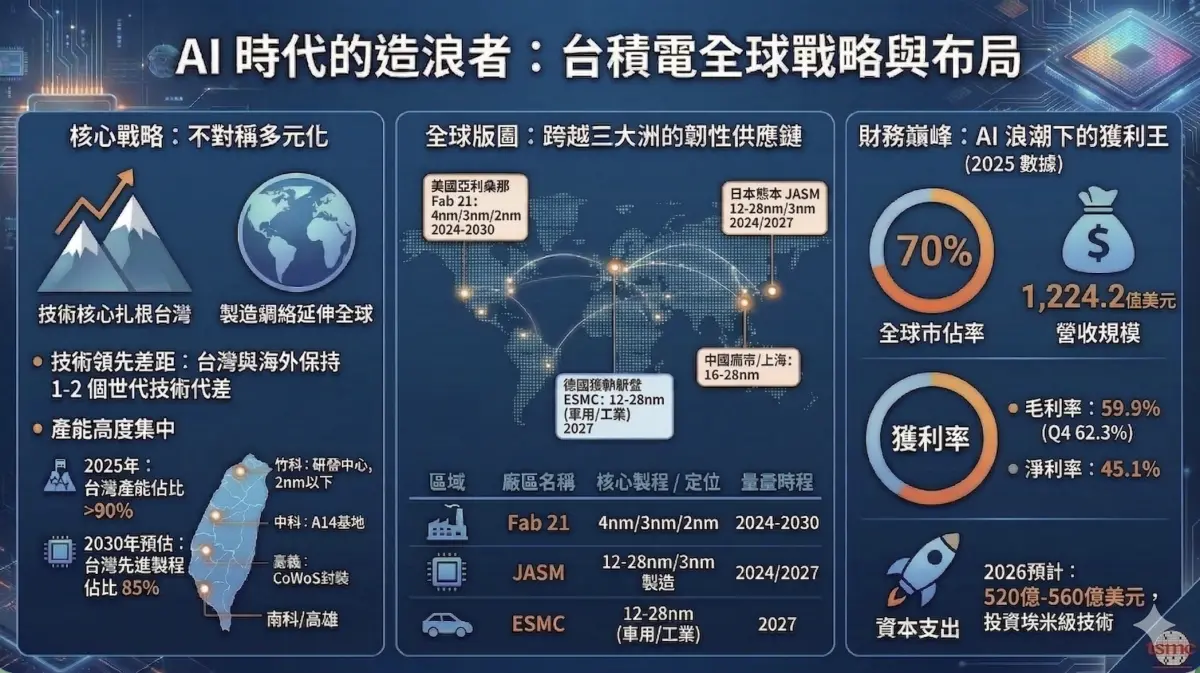 ▲台積電在全球三大洲展開史無前例的跨國投資，但最先進製程與研發核心仍牢牢扎根台灣。（圖／取自童振源大使臉書）