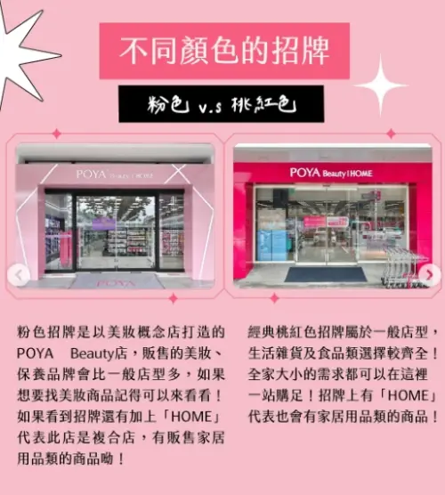 ▲寶雅粉色招牌以及桃紅色招牌兩間販售的商品特色不同，美妝為主找粉色店、生活用品及食品類找桃紅色店。（圖/寶雅IG）