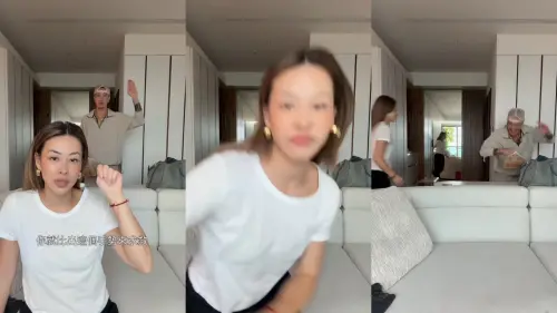 ▲王陽明在老婆背後模仿對方比出540，蔡詩芸發現後追打老公。（圖／DIZZY DIZZO ★ 蔡詩芸IG@dizzydizzo）